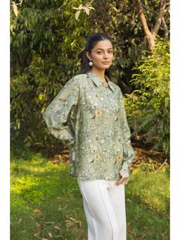Dareiss - Green Gardenia Floral Bloom Printed Cotton Silk Shirt