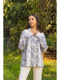 Dareiss - Blue Passionflower Printed Crepe Silk Shirt