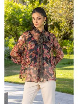 Dareiss - Black Mimosa Organza Mesh Lace Bow Shirt