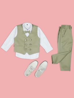 Kids Island - Boys Green Solid Shirt and Pant, Waistcoat & Tie (Set of 4)