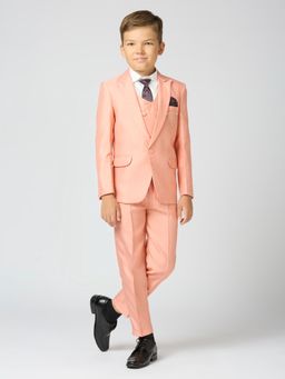 Kids Island - Boys Peach Solid Shirt-Pant with Blazer, Waistcoat & Tie (Set of 5)