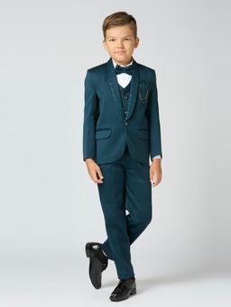 Kids Island - Boys Teal Sequin Shirt-Pant with Blazer, Waistcoat & Tie (Set of 5)