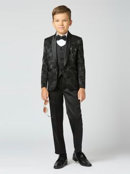 Kids Island - Boys Teal Textured Shirt-Pant with Blazer, Waistcoat & Tie (Set of 5)