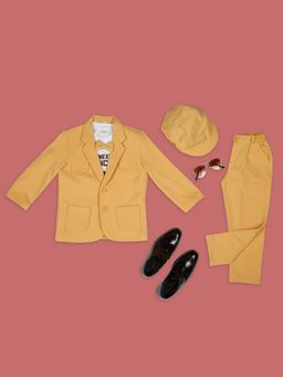 Kids Island - Boys Stylish Mustard Shirt-Pant with Blazer, Tie & Cap (Set of 4)