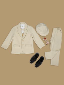 Kids Island - Boys Stylish Cream Shirt-Pant with Blazer, Tie & Cap (Set of 4)
