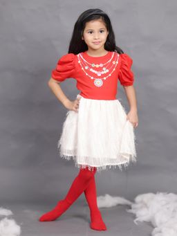 Little Carrot - Red Festive Mini Dress with Poppy Necklace Print