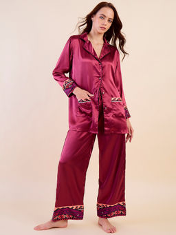 The Kaftan Company - Maroon Printed Satin Shirt & Pyjama (Set of 2)