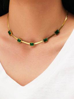 Designs & You - Gold Plated Stainless Steel Snake Chain Green Emerald Studded Necklace