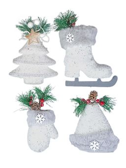 Little Surprise Box - 4 Pcs Silver Furry Winter Accessories Themed Christmas Tree Ornaments