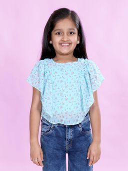 KiddoPanti - Girls Georgette Woven Sleeveless Floral Printed Frill Shoulder Top