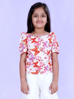 KiddoPanti - Girls Georgette Woven Ruched Sleeves Butterfly Printed Top