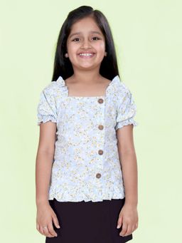KiddoPanti - Girls Rayon Woven Puff Sleeve Floral Printed Short Top