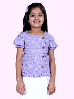 KiddoPanti - Girls Rayon Woven Puff Sleeve Floral Printed Short Top