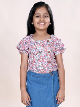 KiddoPanti - Girls Rayon Woven Puff Sleeve Floral Printed Short Top