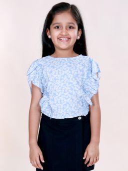 KiddoPanti - Girls Rayon Woven Frill Sleeves Floral Printed Top