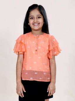 KiddoPanti - Girls Rayon Woven Multi Layer Flounce Sleeves Floral Printed Top