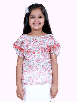 KiddoPanti - Girls Georgette Woven Pink Floral with Ruffle Pom Top
