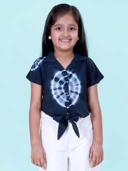 KiddoPanti - Girls Rayon Woven Half Sleeves Tie-Dye Printed Front Knot Shirt