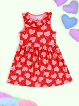 KiddoPanti - Girls Sleeveless Cotton Knitted Hearts Printed with Neck Frill Dress