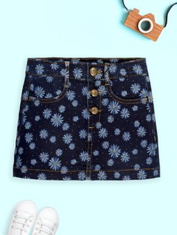 KiddoPanti - Girls Flower Printed Denim Skirt