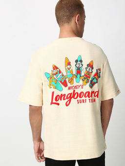 Bewakoof - Air 1.0 Official Disney Men's Off White Long Board Graphic Printed Oversized T-shirt