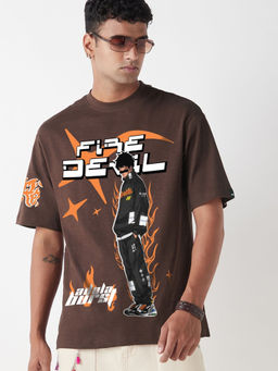 Bewakoof - Air 1.0 Men's Chocolate Brown Fire Devil Graphic Printed Oversized T-shirt