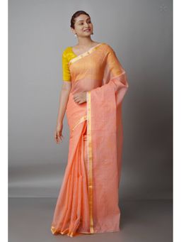 Unnati Silks - Orange Pure Plain Kota Cotton Saree with Unstitched Blouse