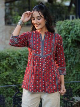 Rain & Rainbow - Women Maroon Ethnic Motifs Printed Pure Cotton A-Line Kurti