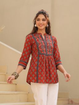 Rain & Rainbow - Sequinned Mandarin Collar Cotton Top