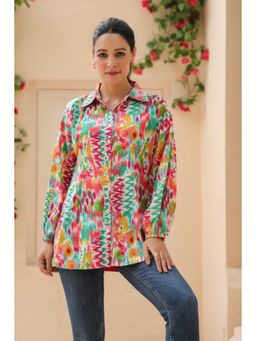 Rain & Rainbow - Women Abstract Printed Collar Neck Pure Cotton Top