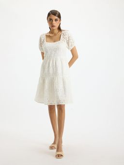 Virgio - Uzuri Breathable Schiffli Fit & Flare Dress With Puff Sleeves