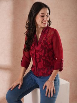 Globus - Women Maroon Self-Design Floral Print Coller Neck Top