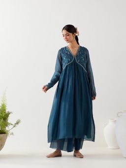 Tatwa Designs - Navy Blue Midnight Anarkali Kurta with Sharara and Slip (Set of 3)