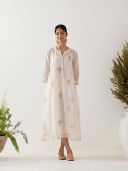 Tatwa Designs - White Floral Checks Printed Dress with Slip (Set of 2)