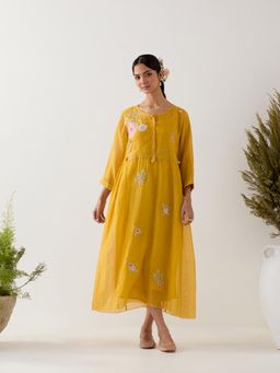 Tatwa Designs - Mustard Floral Applique Dress with Slip (Set of 2)
