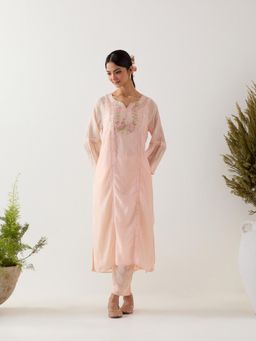 Tatwa Designs - Ivory Pink Parrot And Peonies Kurta with Pant and Slip (Set of 3)