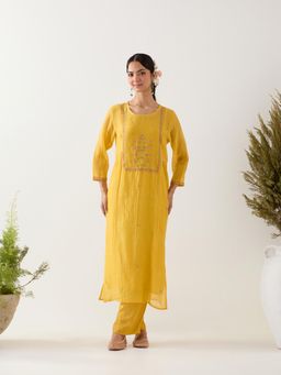 Tatwa Designs - Mustard Mughal Buta Kurta with Pant and Slip (Set of 3)