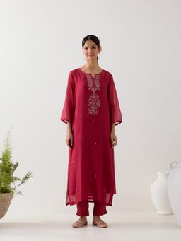 Tatwa Designs - Maroon Pendant Kurta with Pant and Slip (Set of 3)
