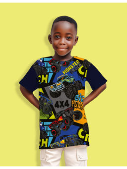 Nusyl - Boys Navy Blue Monster Truck Text & Graphic Half Sleeves T-Shirt