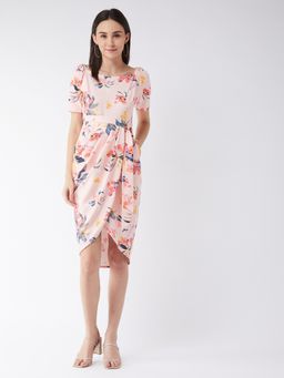 Miss Chase - Women's Multicoloured Square Neck Floral Printed Wrap Knee Length Dress