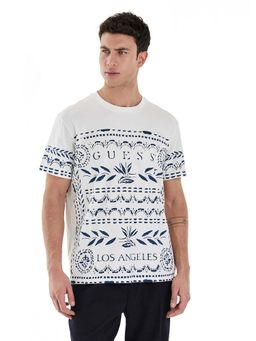Guess - Men White Printed Round Neck Short Sleeves T-Shirt