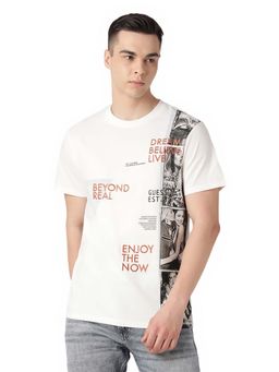 Guess - Men White Printed Round Neck Short Sleeves T-Shirt
