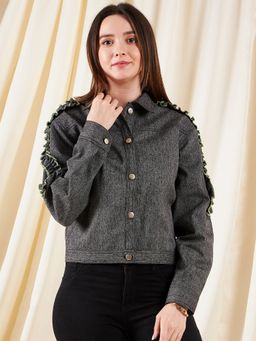 Kibo - Women Spread Collar Lightweight Denim Tailored Black Jacket