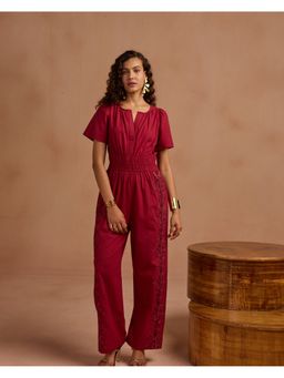 Style Island - Women Khloe Linen Embroidered Red Jumpsuit