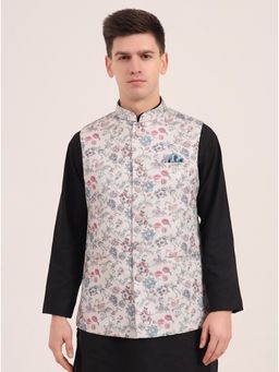 JB Studio - Men Cream Terry Rayon Printed Bandhgala Nehru Jacket