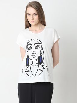 VERO MODA - Women's White Girl Printed Cotton Top