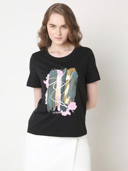VERO MODA - Women's Black Printed Cotton T-Shirt