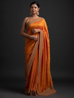 Koskii - Mustard Stonework Raw Silk Designer Saree with Unstitched Blouse