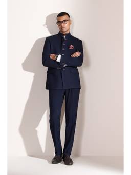 S&N by Shantnu Nikhil - Navy Blue Printed Buttonhole Bandhgala with Pant