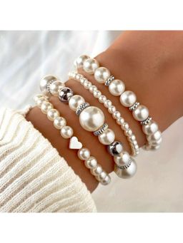 Stol'N - White Pearl Geometric Beaded and Stone Bracelets (Pack of 4)